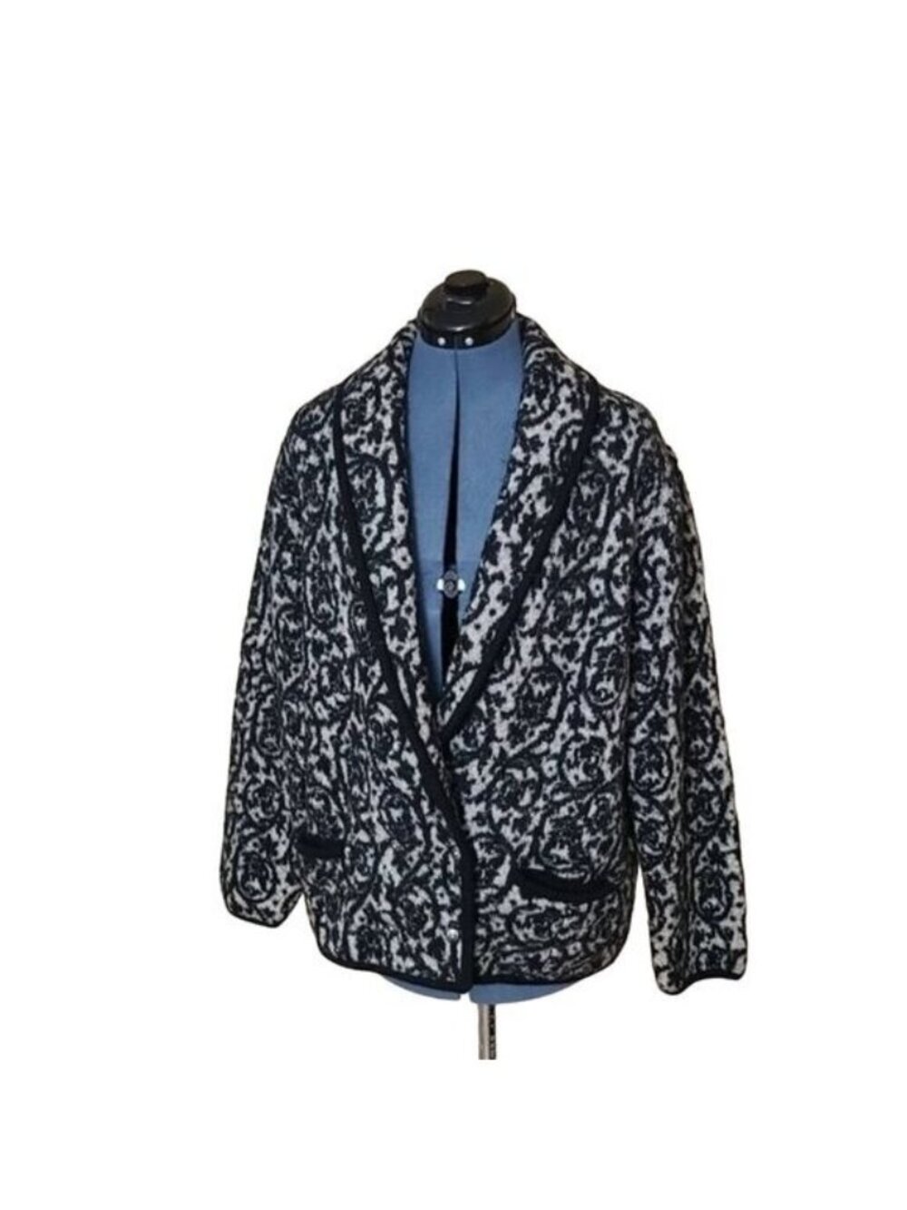 Vintage Laura Jean Wool Blazer Jacket L Black White Filigree Double Breasted